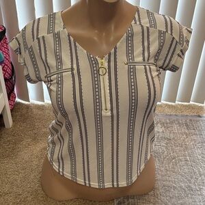 feathers White and Navy Striped V-Neck Top with Gold Ring Zip